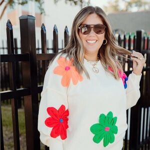 DAVI & DANI Cream and Pink Cowl Neck Sweater with Floral Accents